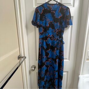 Black Blue Printed Floral Leaf Plants Short Sleeve Maxi Wrap Dress Long